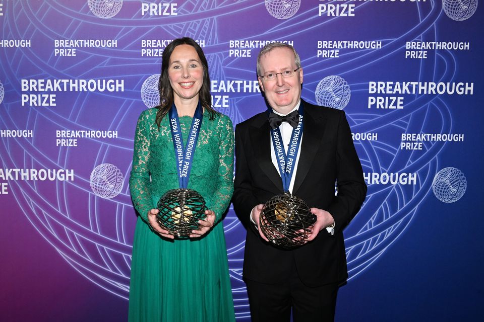 Rosa Rademakers and Bryan Traynor with their awards for the Breakthrough Prize in Life Sciences at the ceremony in LA. Photo: Getty